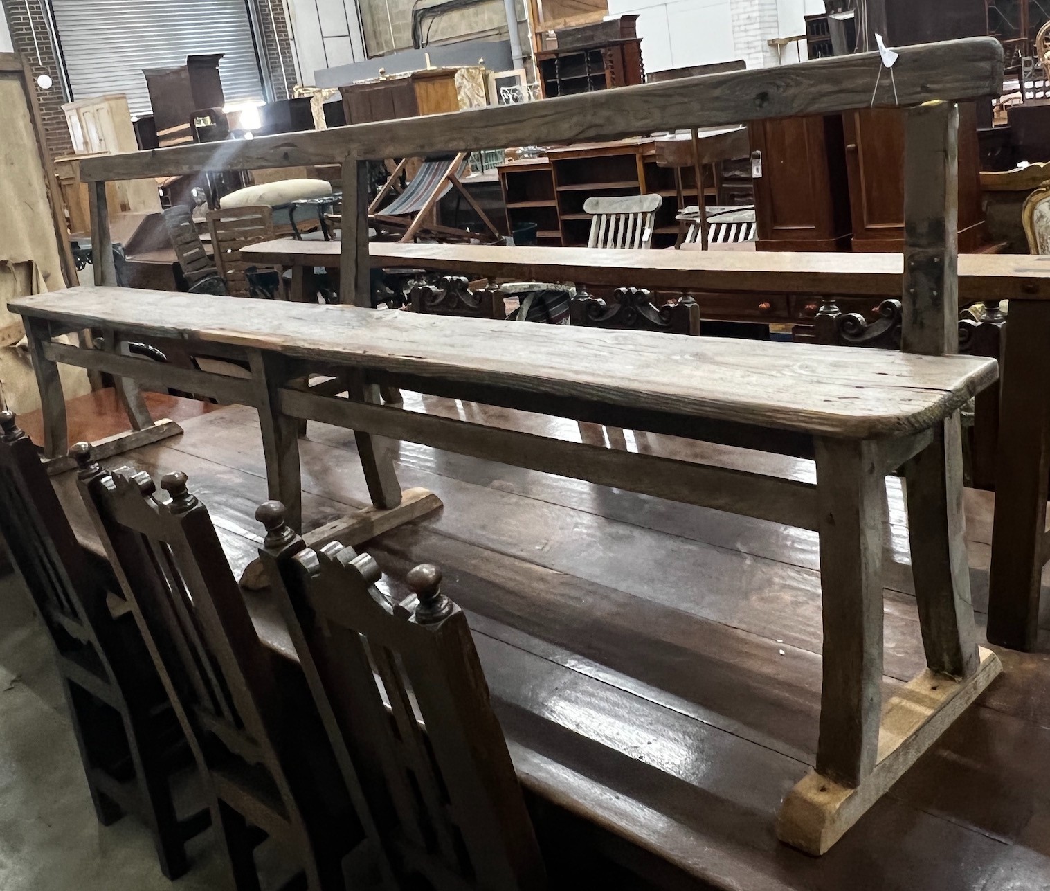 A 19th century and later pine bench, length 240cm depth 40cm height 76cm